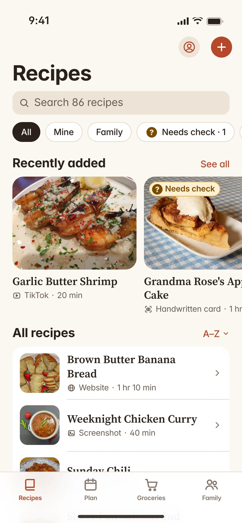Recipe Saver library with search, recently added recipes and an A to Z list